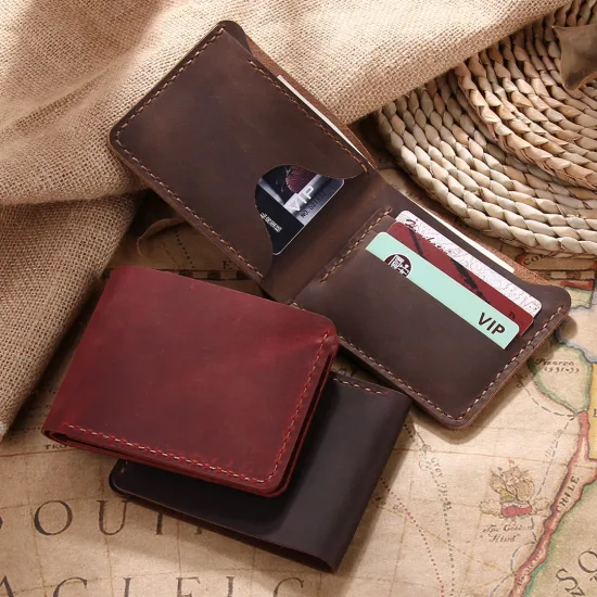 Monedero de cuero genuino retro hecho a mano para hombres, mujeres, dama, venta al por mayor